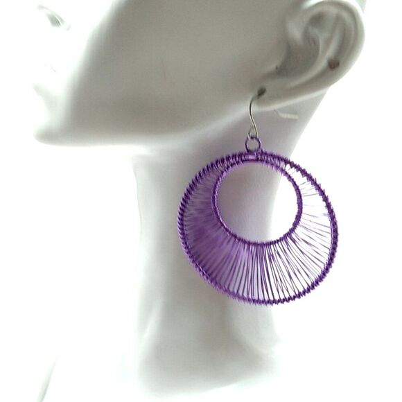 Purple Wrapped String Art Open Circle Drop Earrings - Picture 6 of 6
